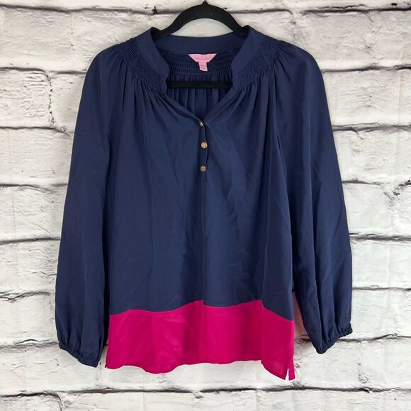 Lilly Pulitzer Women's XS Colorblock Silk Blouse Navy/Pink Long Sleeve - Picture 2 of 7
